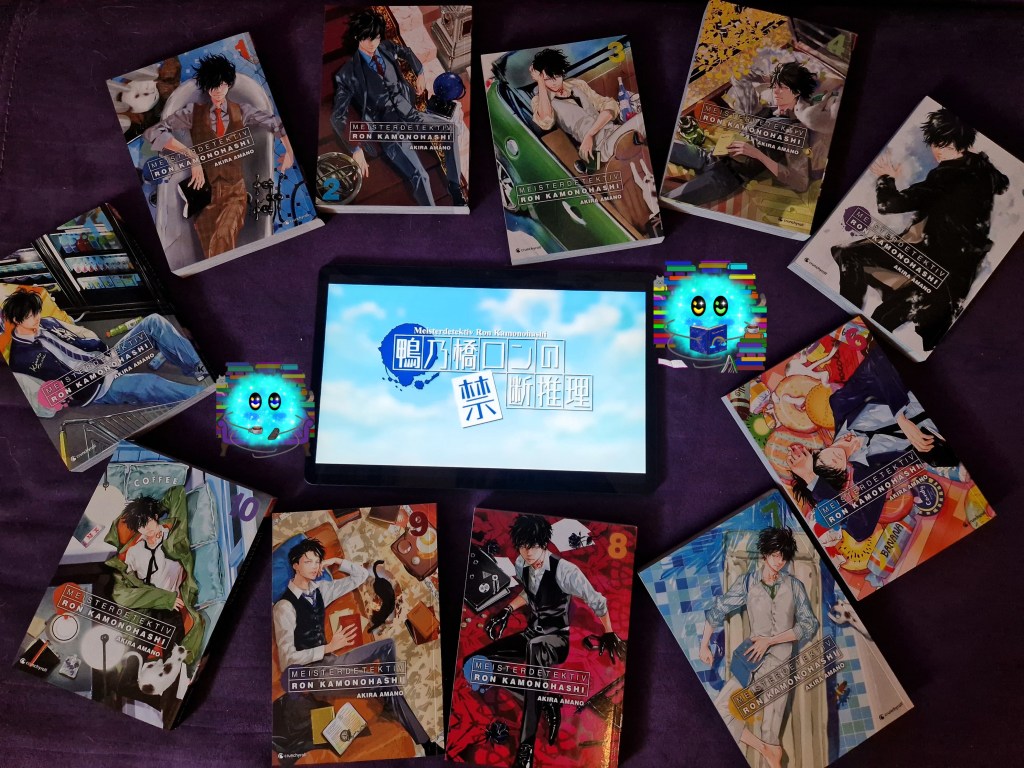 Alle Mangabände verstreut um ein Tablett mit dem Titel aus dem Anime