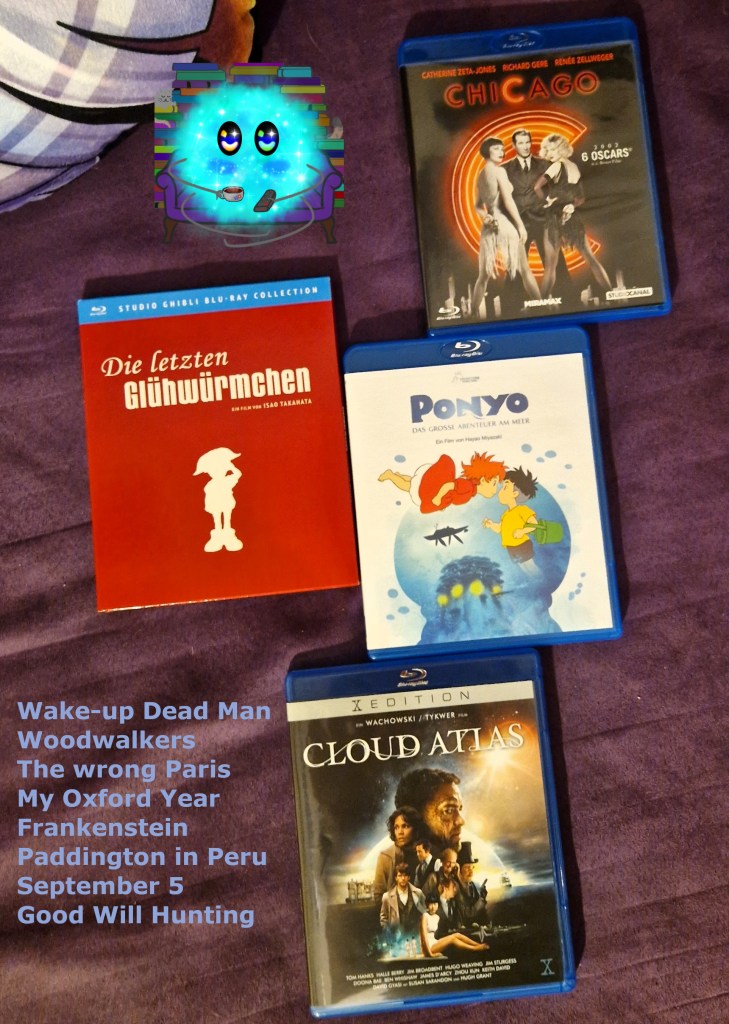 Die ersten vier genannten Filme als Blu-rays ausgebreitet auf einer lila Couch. Die anderen Filme als Überschriften eingefügt