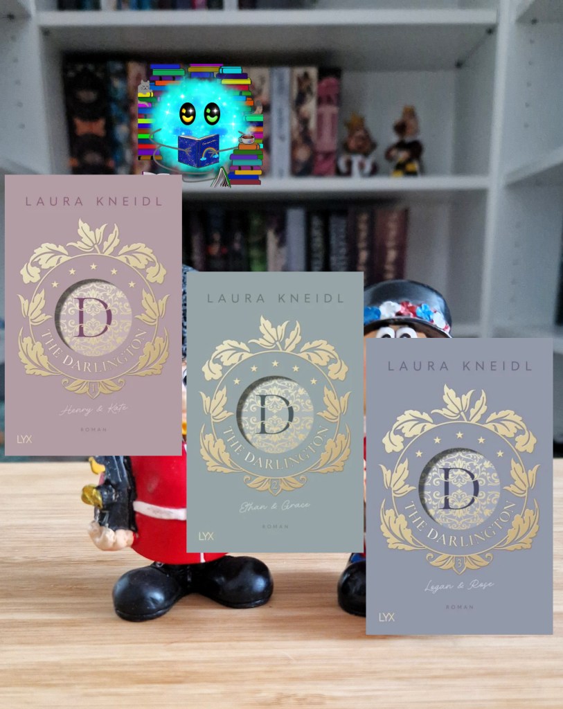 Die Cover der drei Bücher der Reihe, die das Darlingtonlogo umrankt von Blättern zeigen, vor einem Bücherregal.